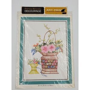 Vintage Patricia Nimocks Decoupage Art Print Bamboo Basket & Hibiscus
